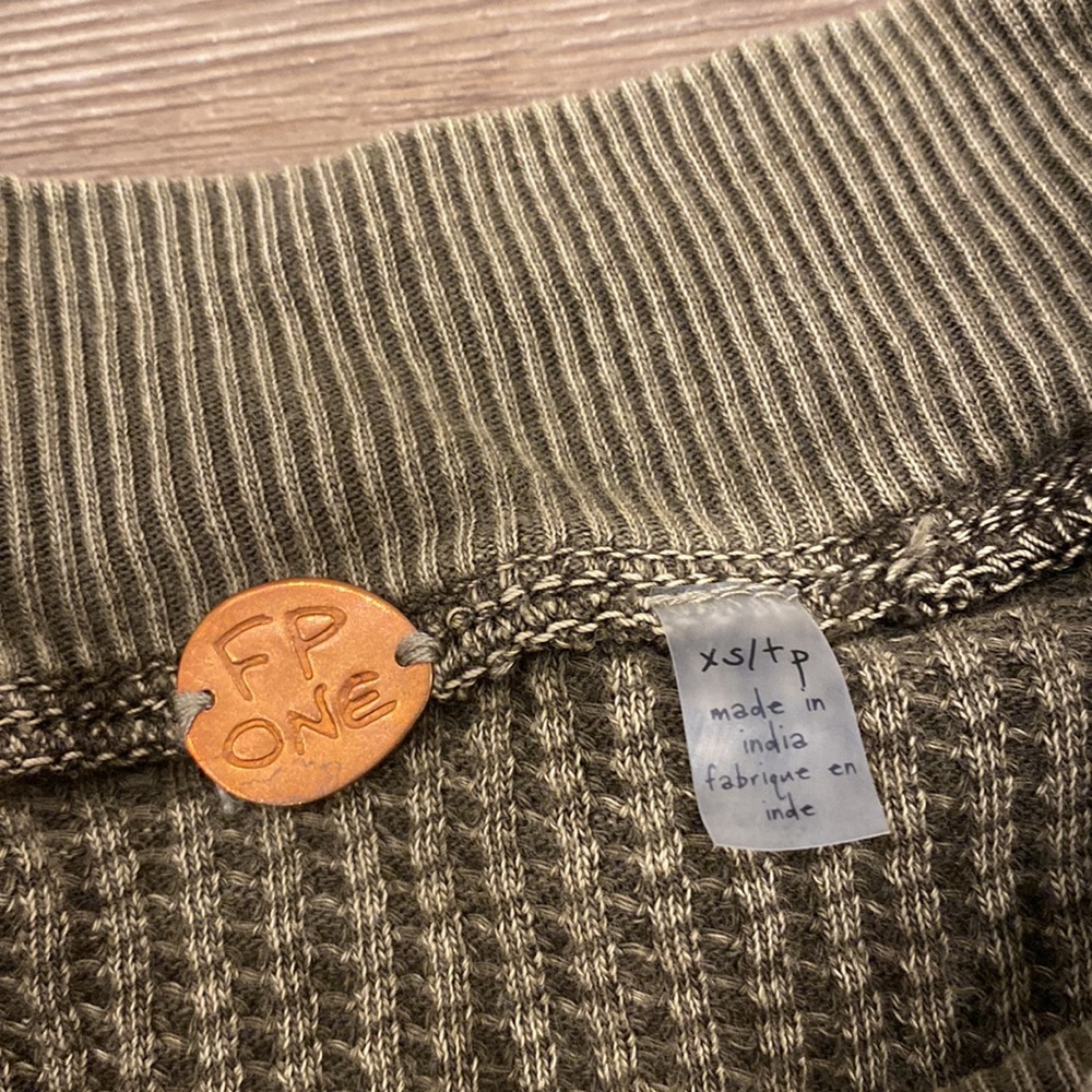 Olive Green Waffle Knit Long Sleeve Tie Top- FP ONE - Picture 6 of 7